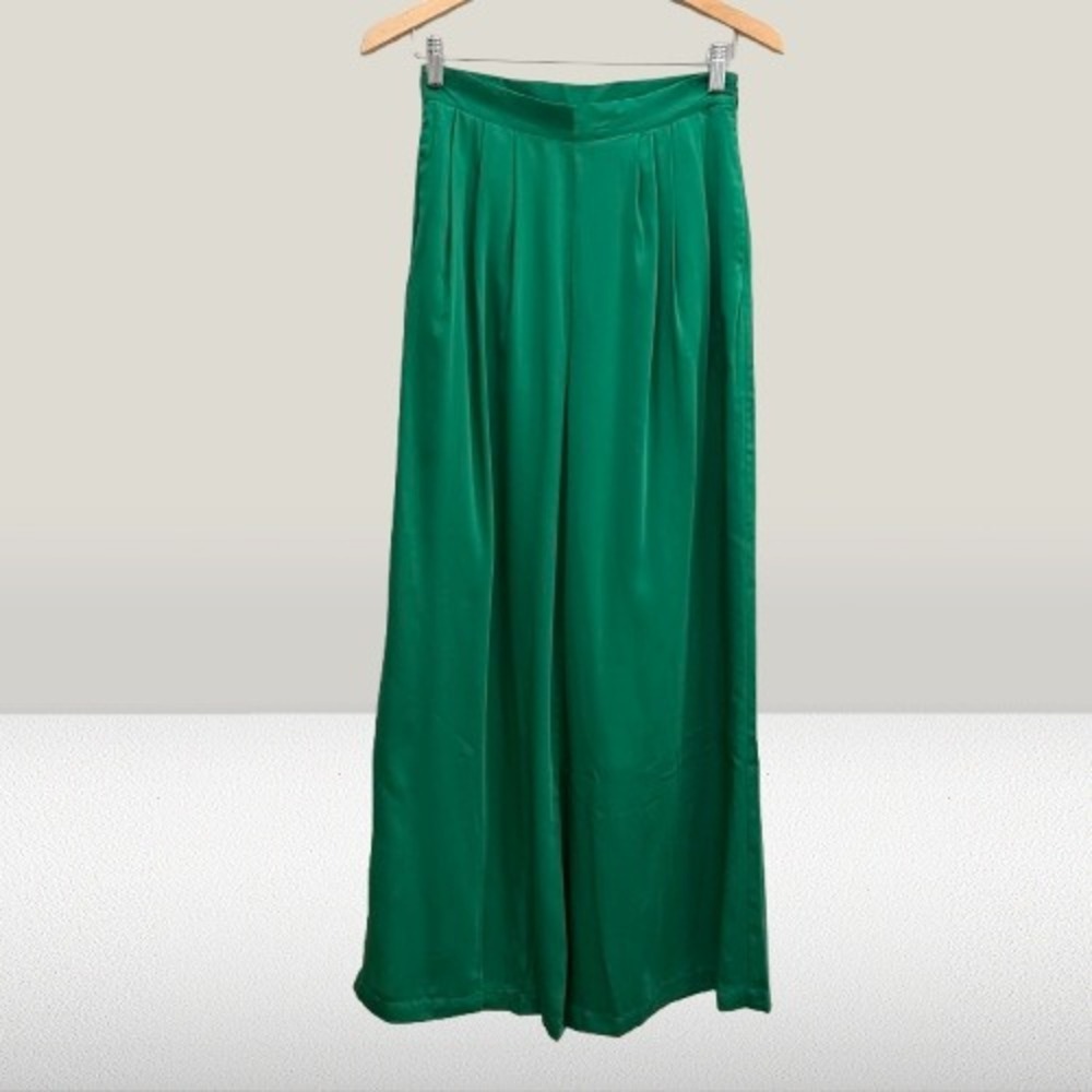 Spring + Mercer Emerald Green Wide Leg Pleated Satin‎ Trousers Pants Small